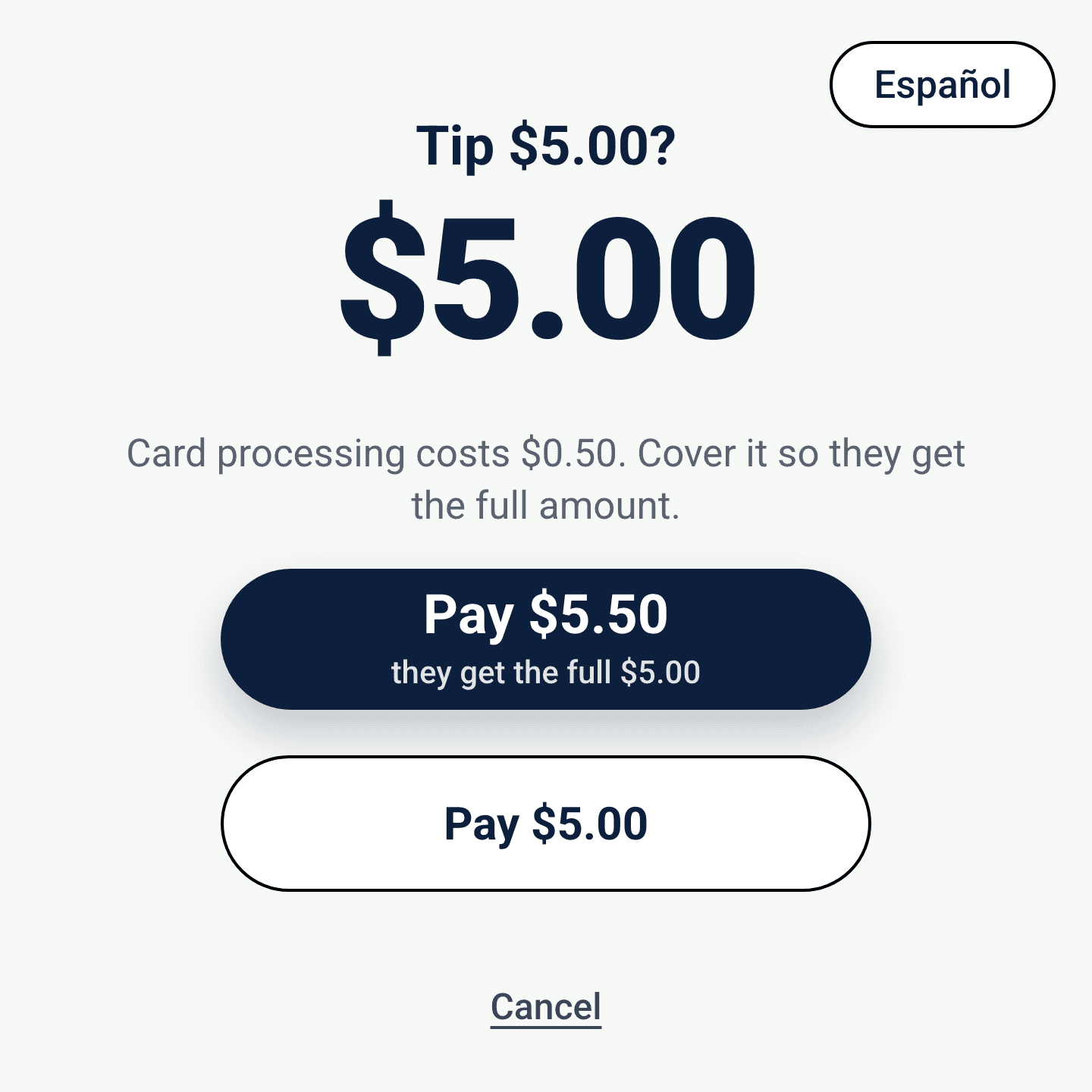 The Tip Box confirmation screen showing the card processing cost and the option to cover it